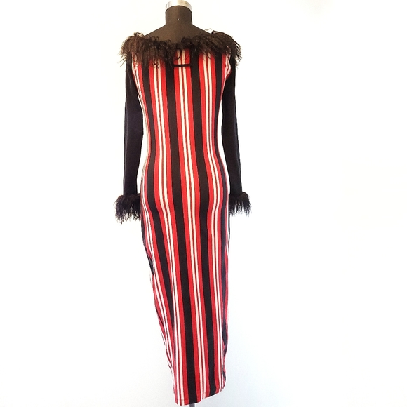 RARE Vintage Jean Paul Gaultier Red Stripe Mangolian Fur Bow Midi Dress - Picture 10 of 13